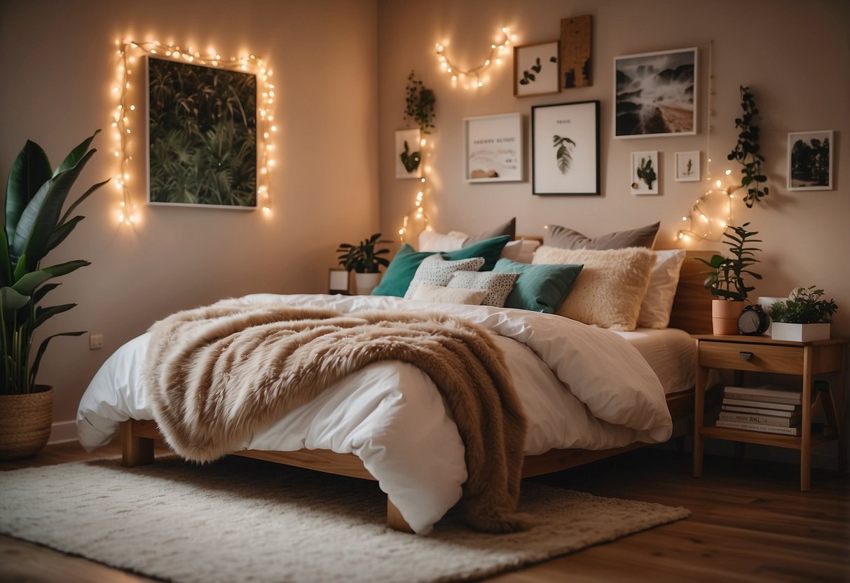 A cozy bedroom with string lights, plants, and a gallery wall of artwork. A desk with a cork board and colorful stationery. Textured throw pillows and a faux fur rug complete the look