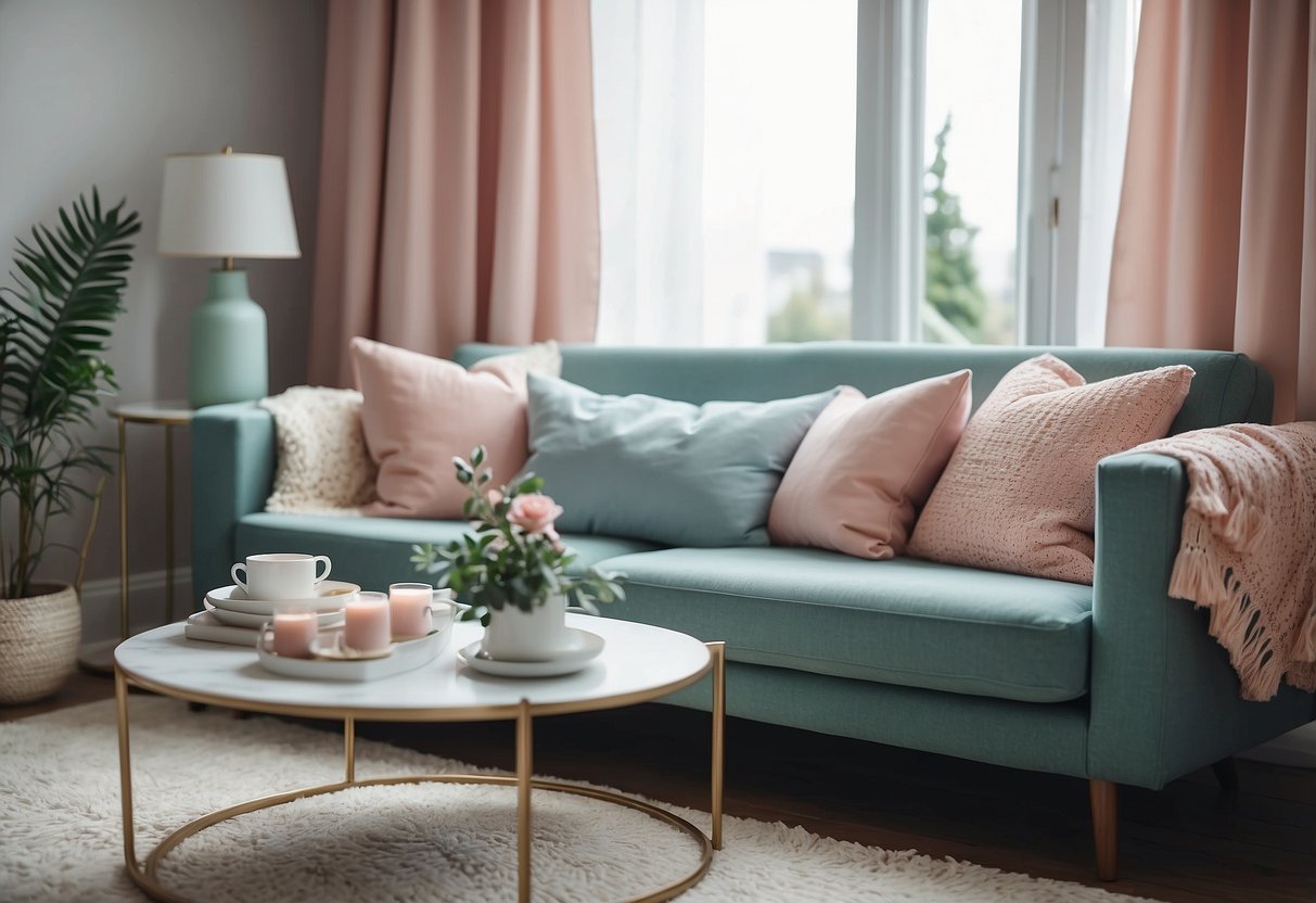 A cozy living room with pastel throw pillows arranged on a comfy sofa, adding a pop of color to the room's decor