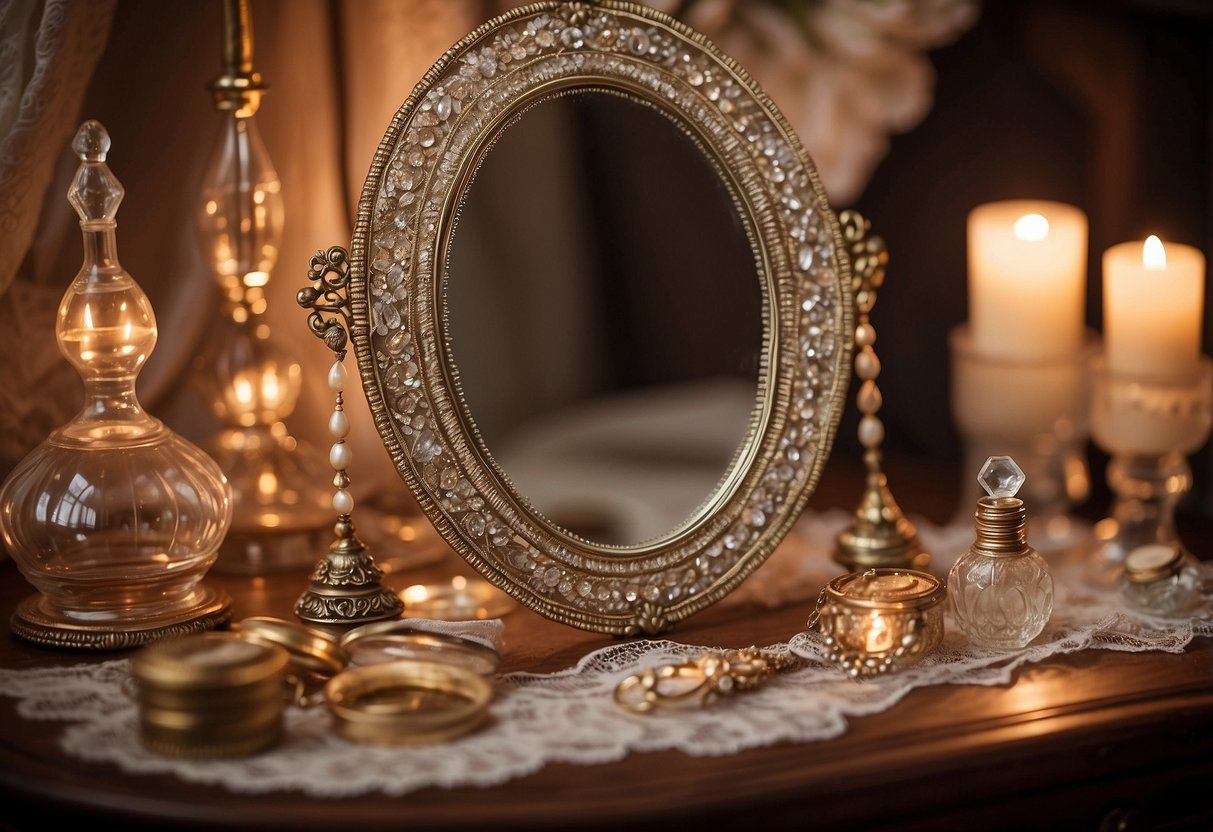 A vintage vanity mirror sits atop a lace-covered table, surrounded by antique perfume bottles and delicate jewelry. A soft, warm light illuminates the scene, casting a nostalgic and romantic ambiance