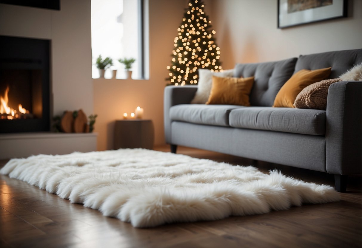 A fluffy area rug lies in front of a cozy fireplace, surrounded by a few plush throw pillows and a warm, inviting atmosphere