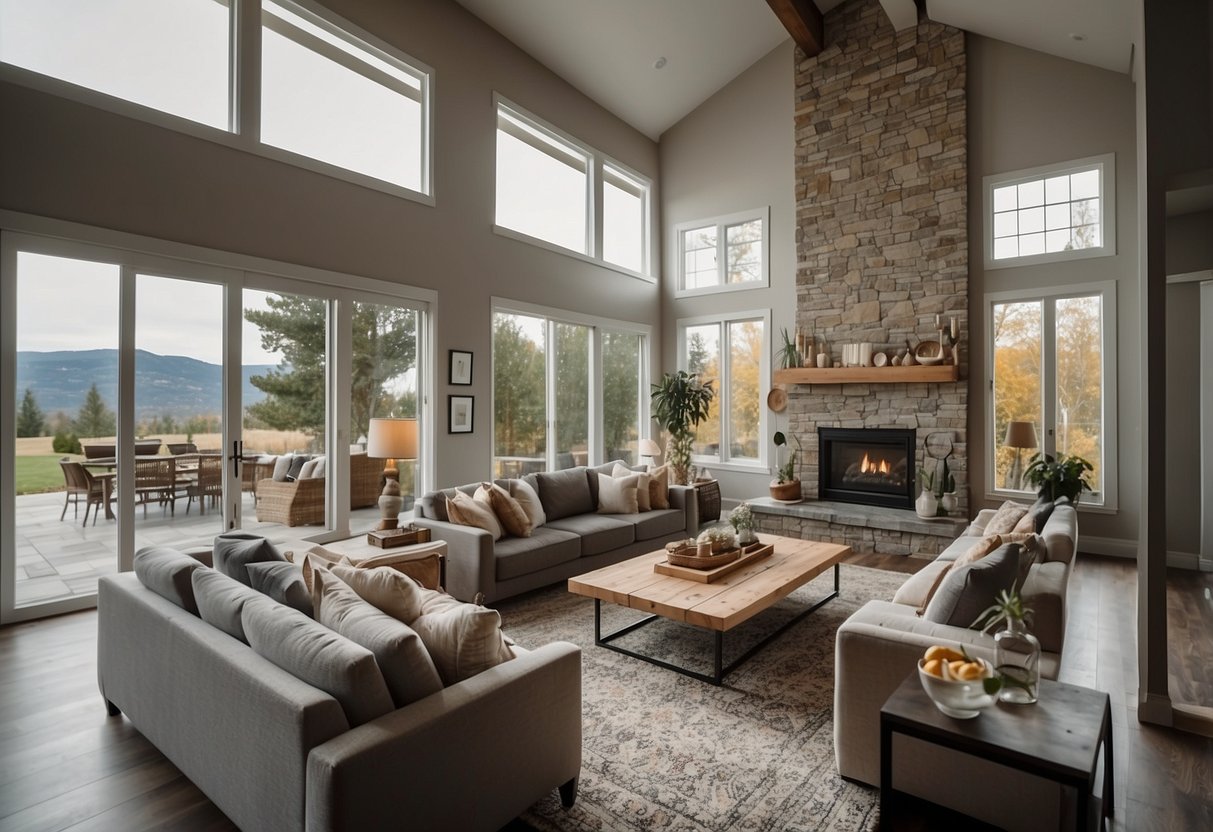 A split-level home with modern decor, featuring an open concept living room with a statement fireplace, a stylish kitchen with an island, and a cozy dining area with large windows overlooking the backyard