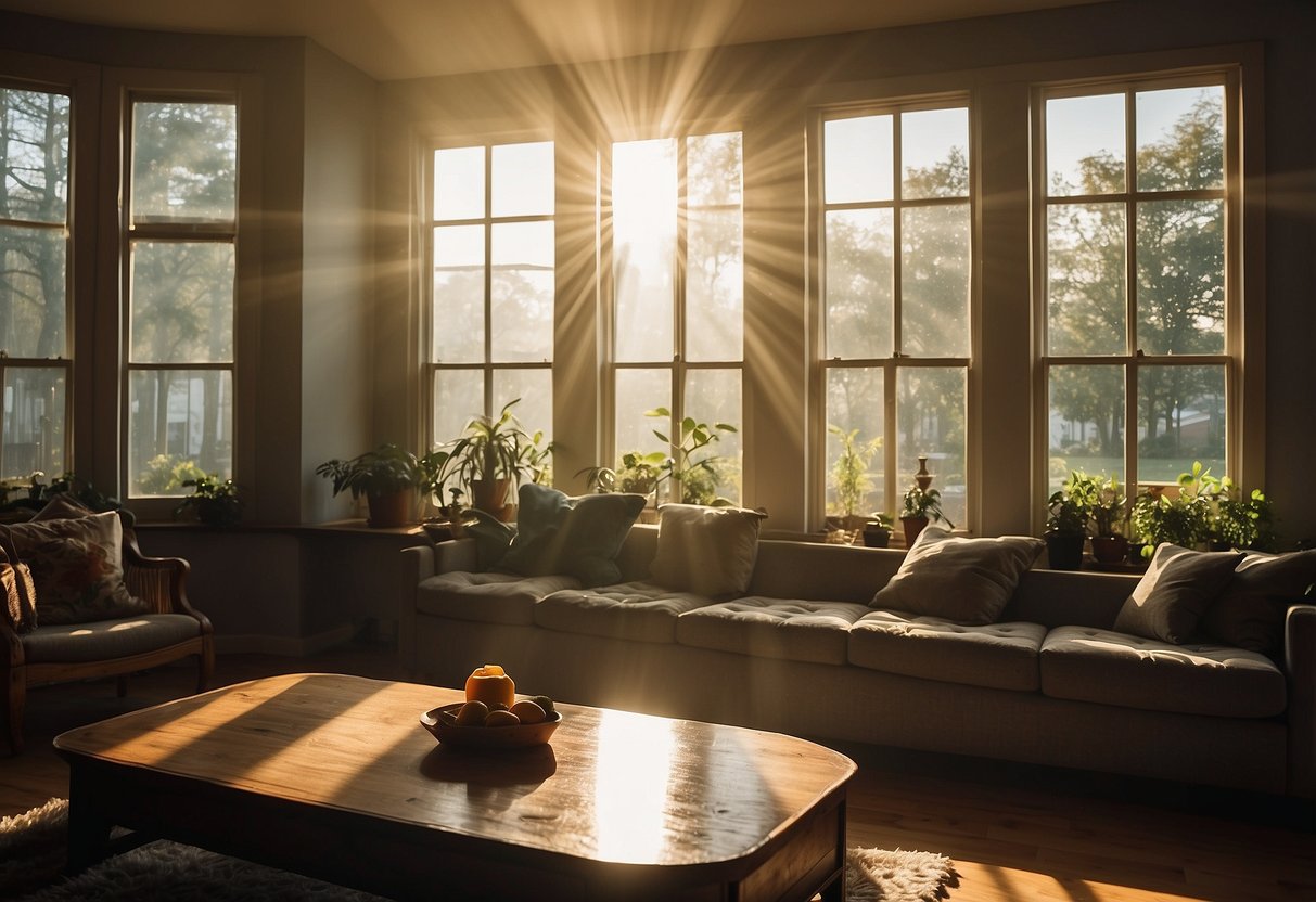 Sunlight streams through large windows, illuminating split-level home decor