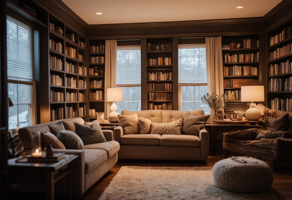 A split-level home with cozy reading nooks, filled with plush armchairs, soft blankets, and warm lighting. Books line the walls, creating a peaceful and inviting space for relaxation and reading