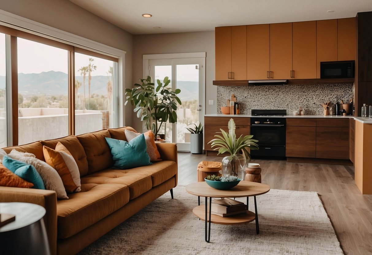 A split-level home with warm earth tones, accented by pops of vibrant colors in the decor. A cozy living room with a mix of modern and retro furniture. A spacious kitchen with a bold, statement backsplash