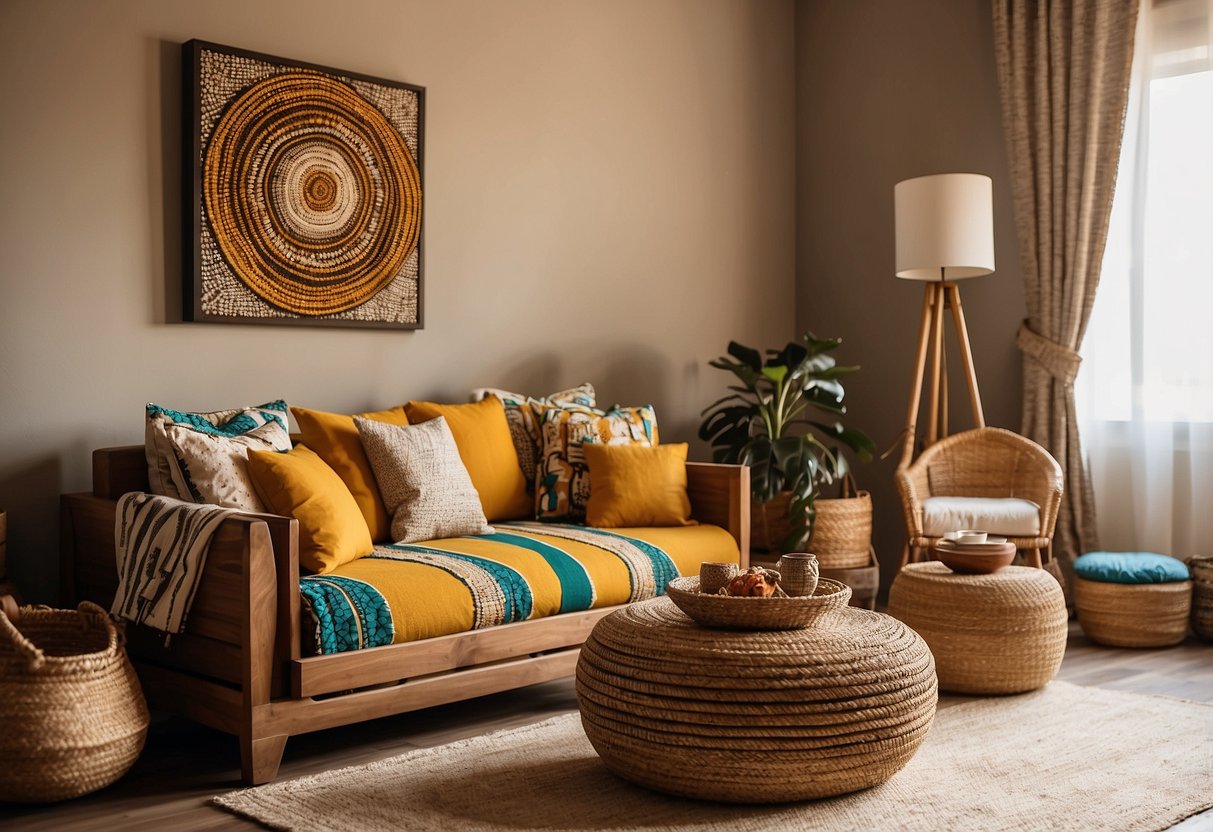 A living room with vibrant African prints on throw pillows and wall art, complemented by wooden furniture and woven baskets