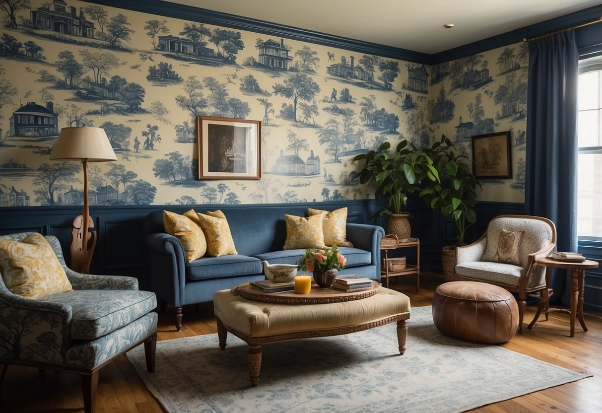 A cozy living room with Harlem Toile de Jouy wallpaper, featuring African American home decor accents like vibrant textiles and traditional artwork