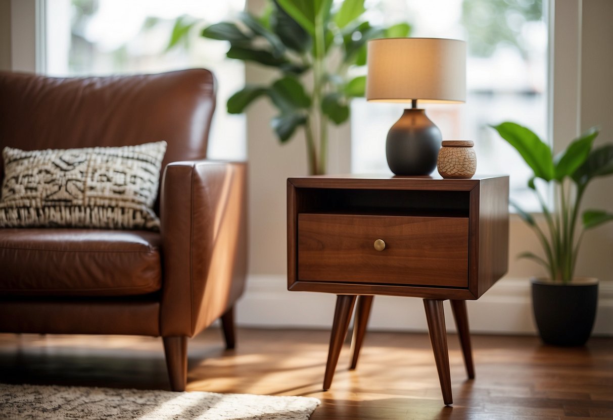 A mid-century modern mahogany side table sits in a well-lit living room, adorned with African American home decor accents