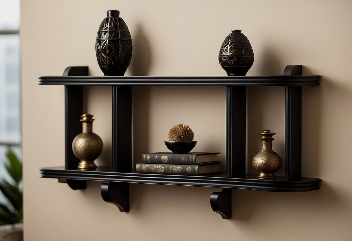 An elegant black Art Deco shelving unit, adorned with African American home decor, stands against a neutral wall