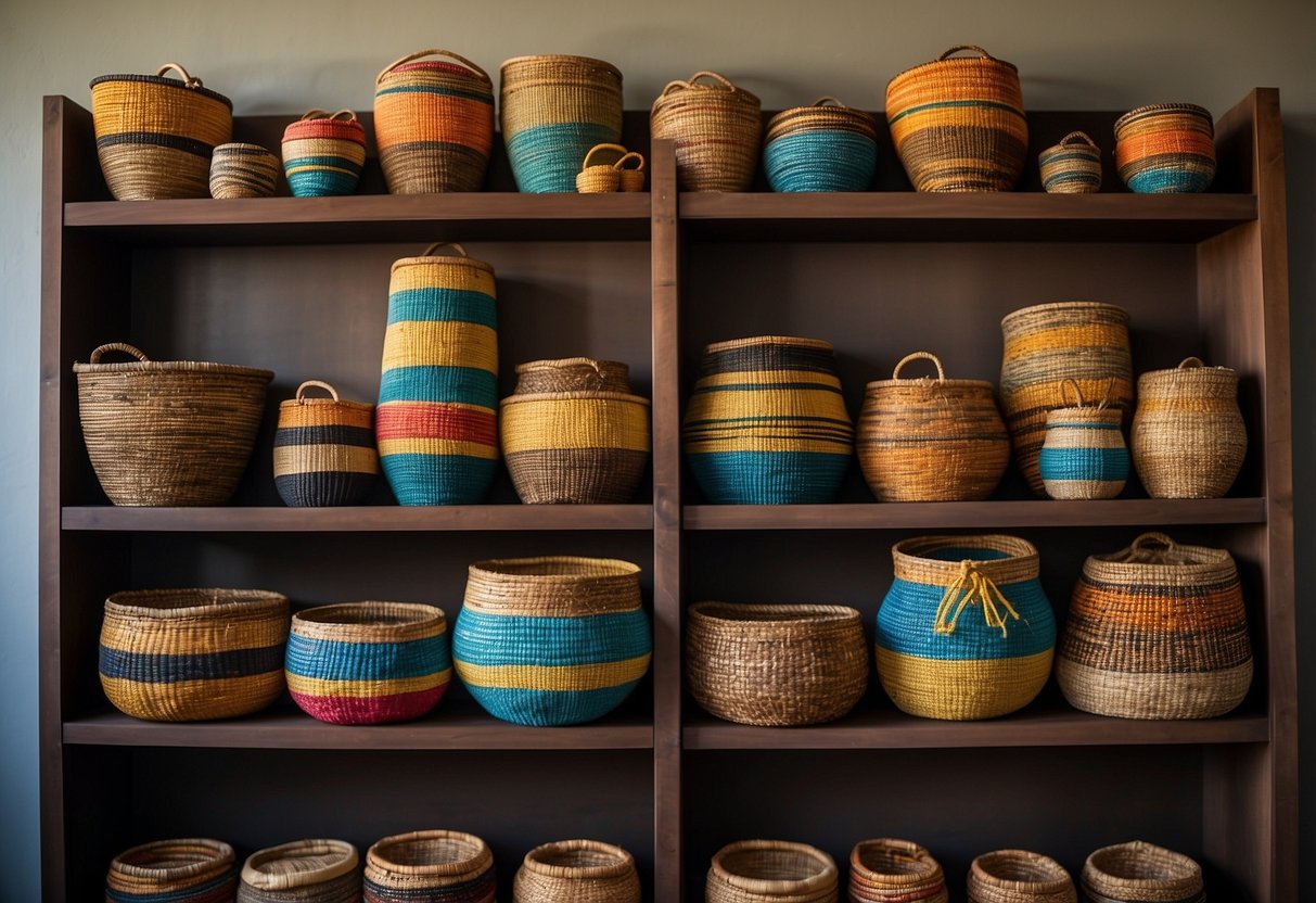 A collection of vibrant African woven baskets arranged on a wooden shelf, adding a pop of color to the room