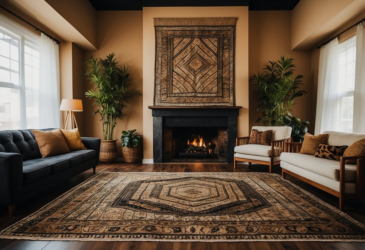 A room with ebony and gold tribal rugs, African American home decor