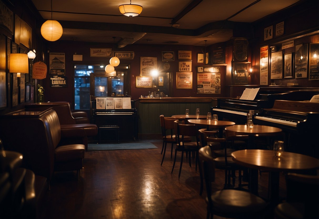 A dimly lit jazz club with a stage, vintage posters adorning the walls, and cozy seating for patrons. A record player spins old vinyl, filling the room with smooth, soulful tunes