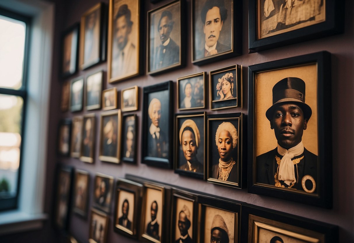 A wall adorned with ancestral portrait art, featuring African American figures, adds cultural richness to the home decor