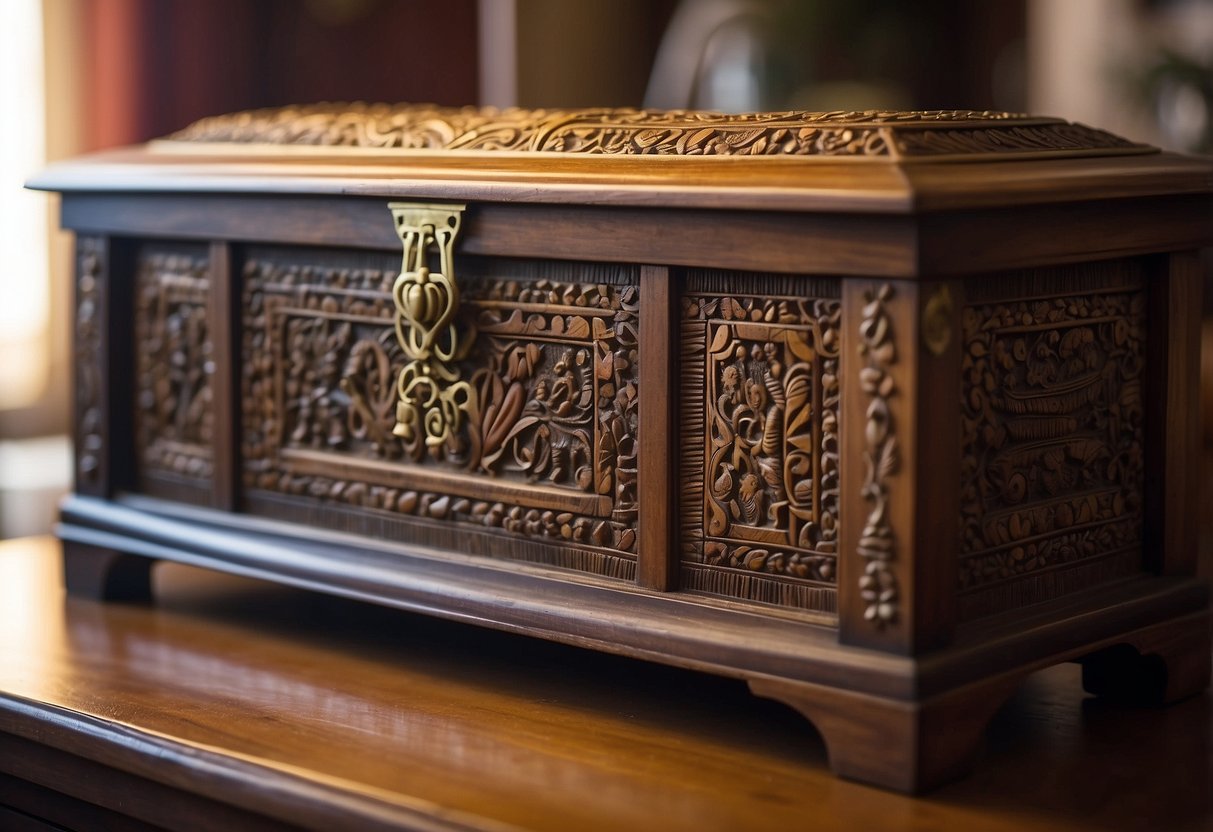 An ornate wooden chest sits in a sunlit room, adorned with intricate carvings and vibrant colors, symbolizing the historical significance of African American home decor