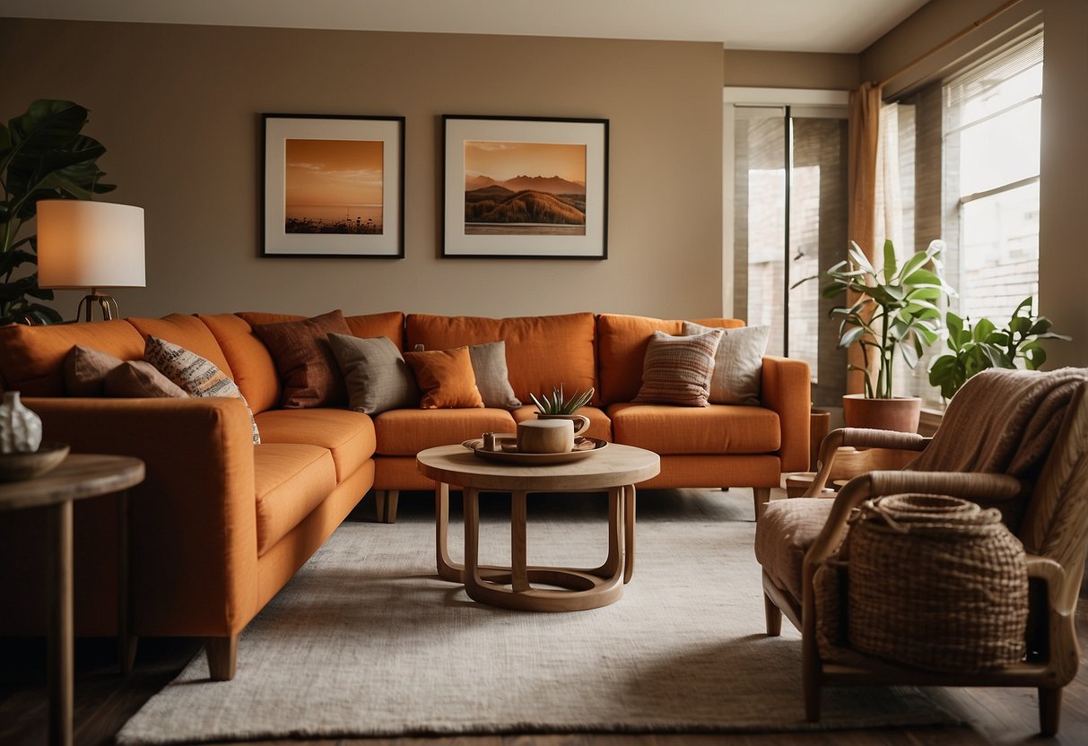 A cozy living room with earthy tones, rich browns, and warm oranges. Textured fabrics, wooden furniture, and cultural artwork create a welcoming space