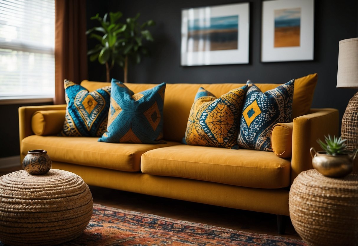 Vibrant African prints and fabrics adorn the living room, with bold patterns on throw pillows and curtains, adding a pop of color to the space