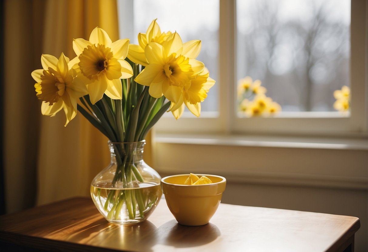 A bright yellow living room with a cozy sofa, sunflower curtains, and lemon throw pillows. A golden vase of daffodils sits on a sunny windowsill