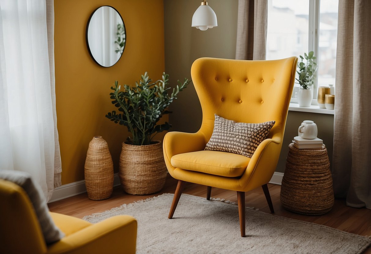 A mustard yellow armchair sits in a cozy living room, surrounded by yellow home decor accents