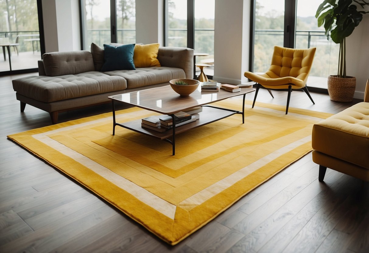 A bright yellow geometric area rug sits in a modern living room with sleek furniture and natural light streaming in