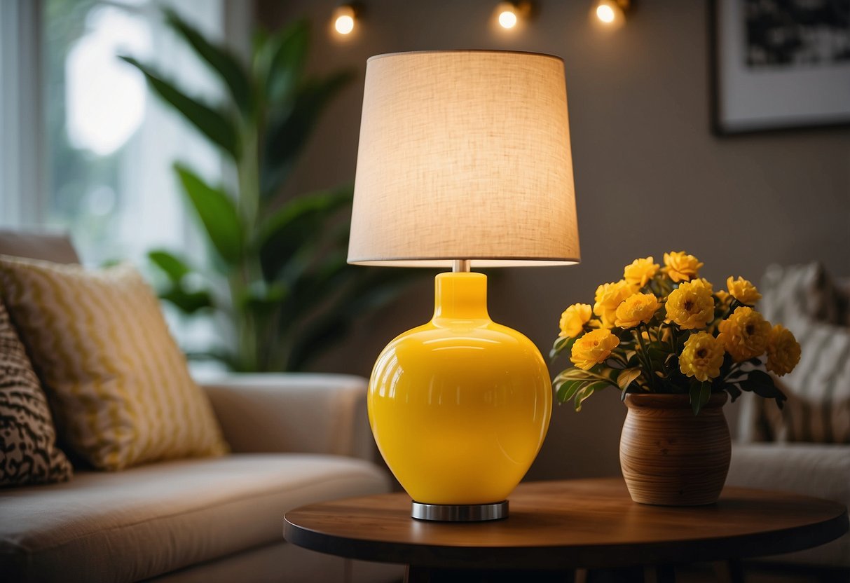 A sunbeam yellow table lamp illuminates a cozy living room, adding a pop of color to the modern decor