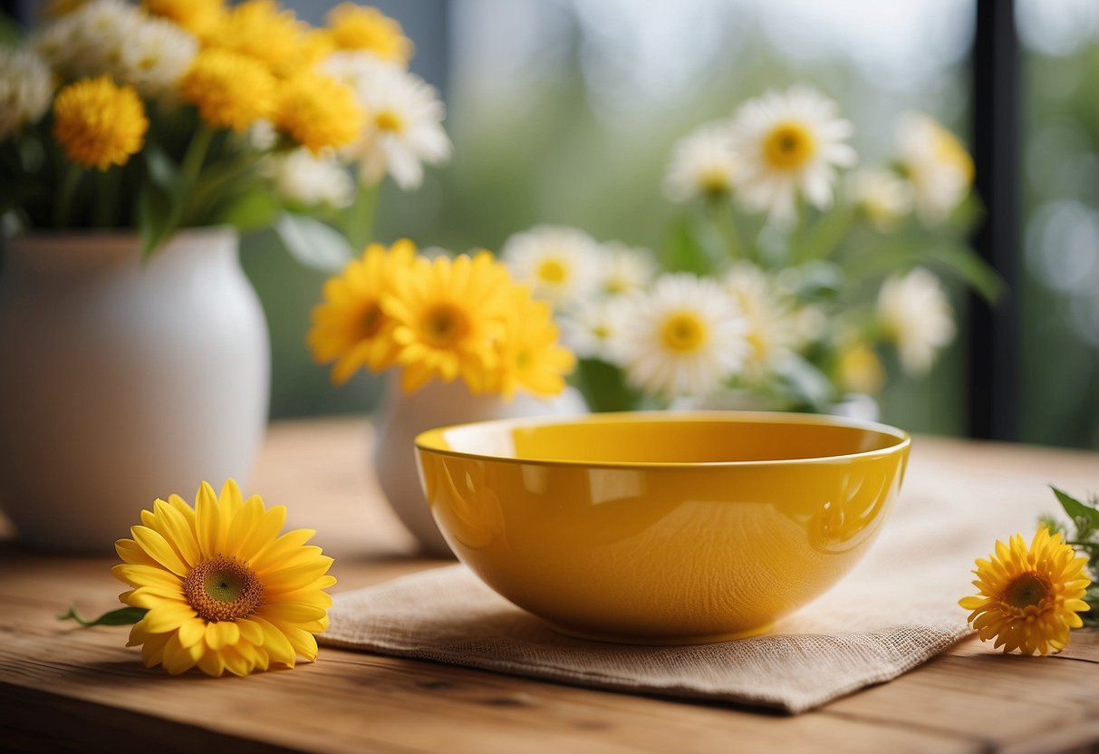 A sunny yellow decorative bowl sits on a wooden table, surrounded by fresh flowers and bright home decor accents