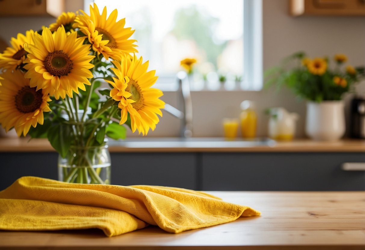 Bright yellow Marigold Kitchen Towels draped over a wooden kitchen counter, with a vase of fresh sunflowers in the background