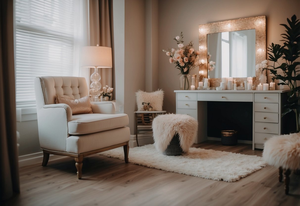 A cozy home salon with a plush chair, elegant mirrors, and soft lighting. A chic color palette and stylish decor complete the inviting atmosphere