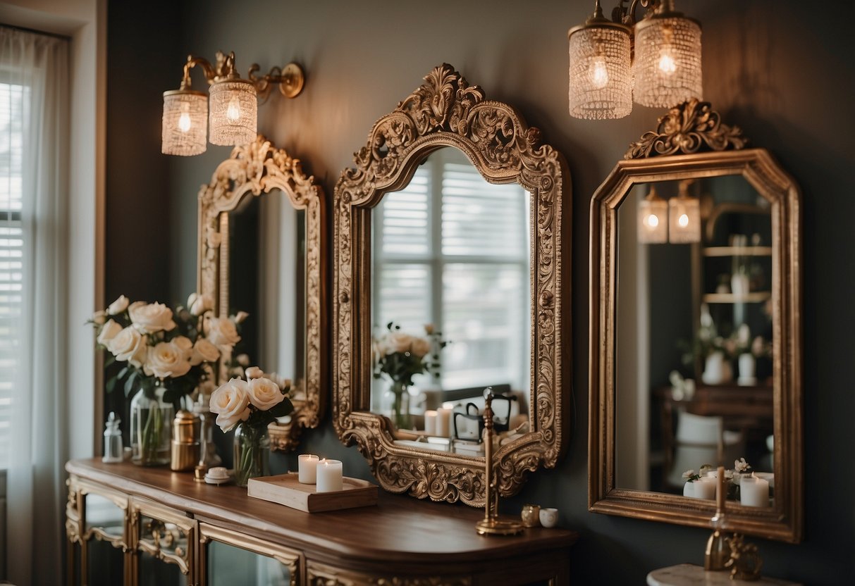 A collection of ornate vintage mirrors adorning the walls of a cozy home salon, reflecting soft ambient light and creating a sense of timeless elegance