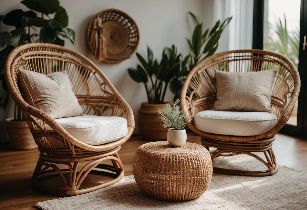 Two boho rattan chairs with cozy cushions in a well-lit home salon setting