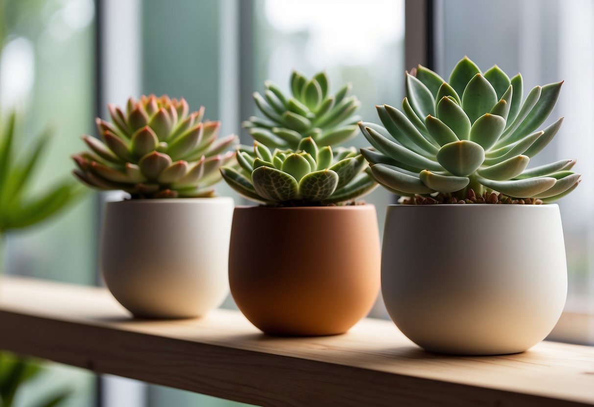 Lush succulent plants arranged in modern pots, placed on a sleek wooden shelf against a white wall. Bright natural light filters in through a nearby window, casting a soft glow on the vibrant greenery