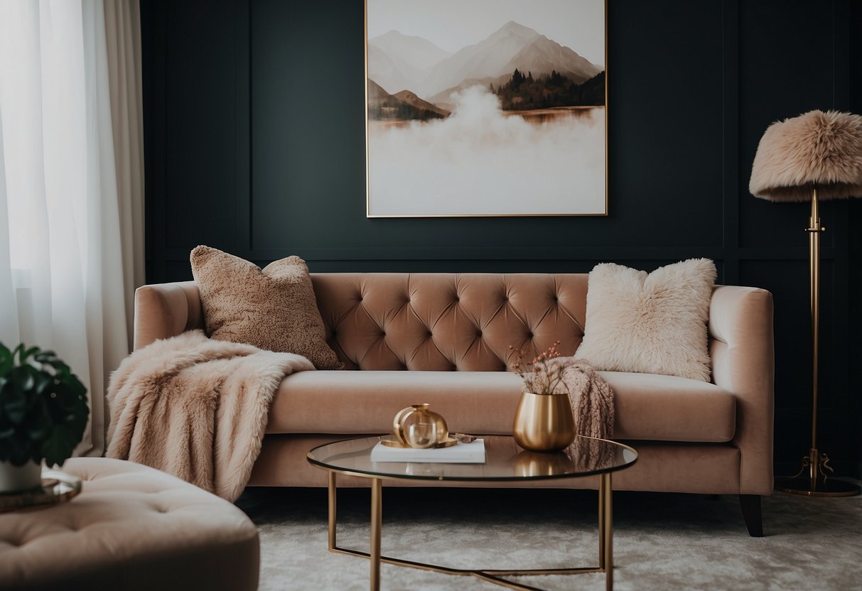 A cozy home salon with plush velvet throw pillows on a chic sofa, adding a touch of luxury and comfort to the decor