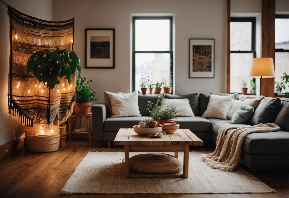 A cozy living room with handwoven tapestries adorning the walls, creating a warm and inviting atmosphere