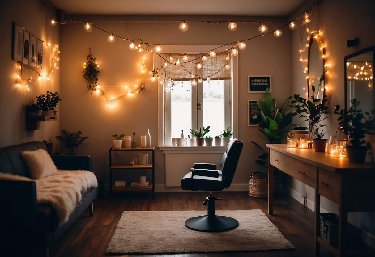 A cozy home salon with warm, Edison bulb string lights hanging from the ceiling, creating a soft and inviting atmosphere for clients