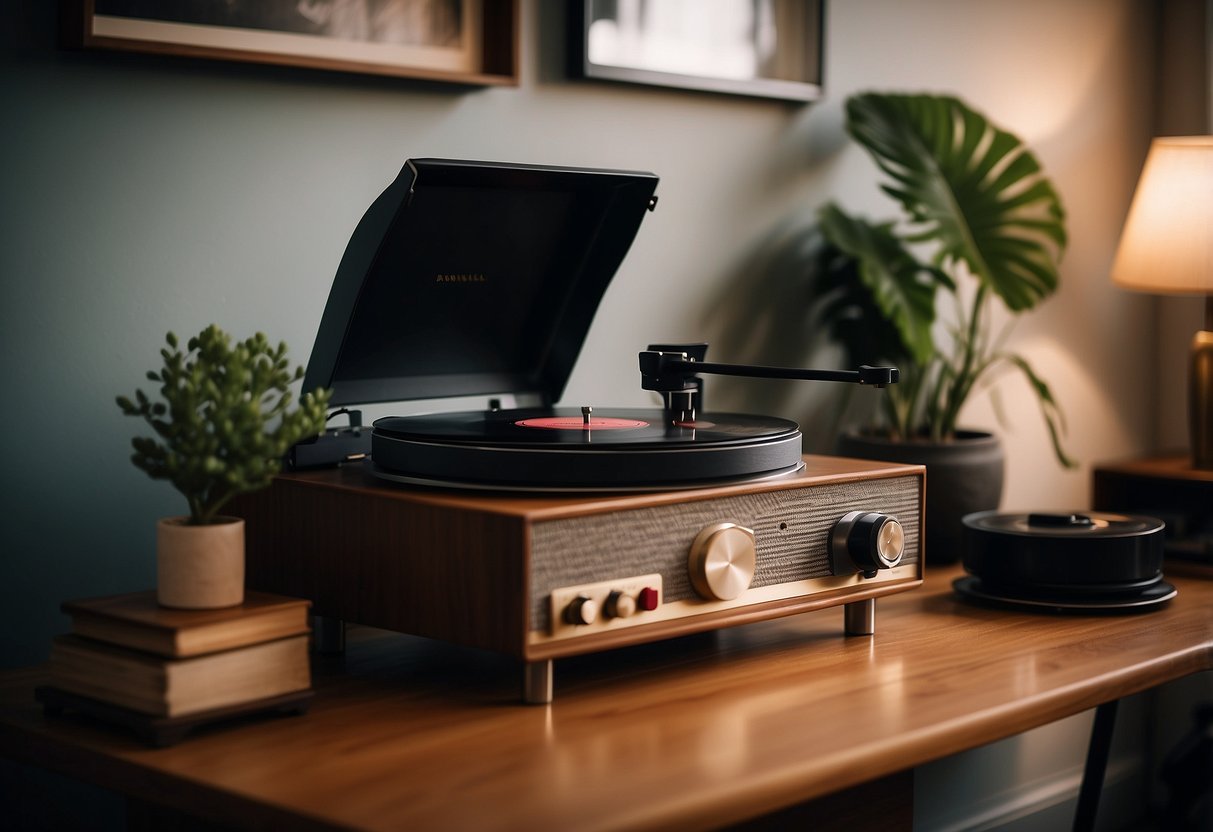 A retro record player sits on a sleek wooden console, surrounded by vintage vinyl records and a cozy armchair in a stylish home salon