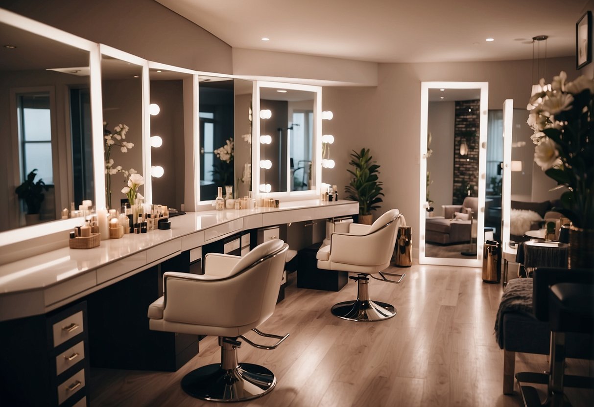 A cozy home salon with a chic vanity area, comfortable seating, and elegant decor. Soft lighting and a pop of color add a welcoming touch