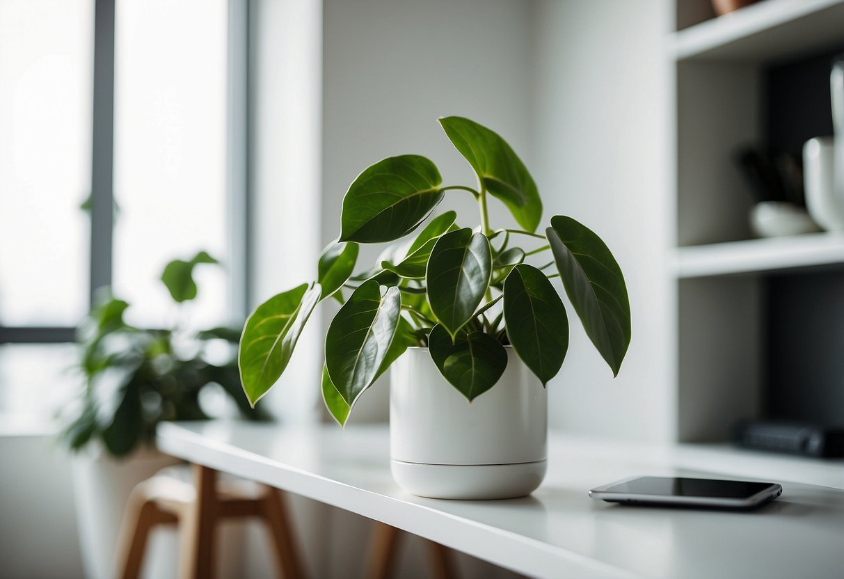 A vibrant money plant cascades down a sleek white shelf, surrounded by modern decor and natural light