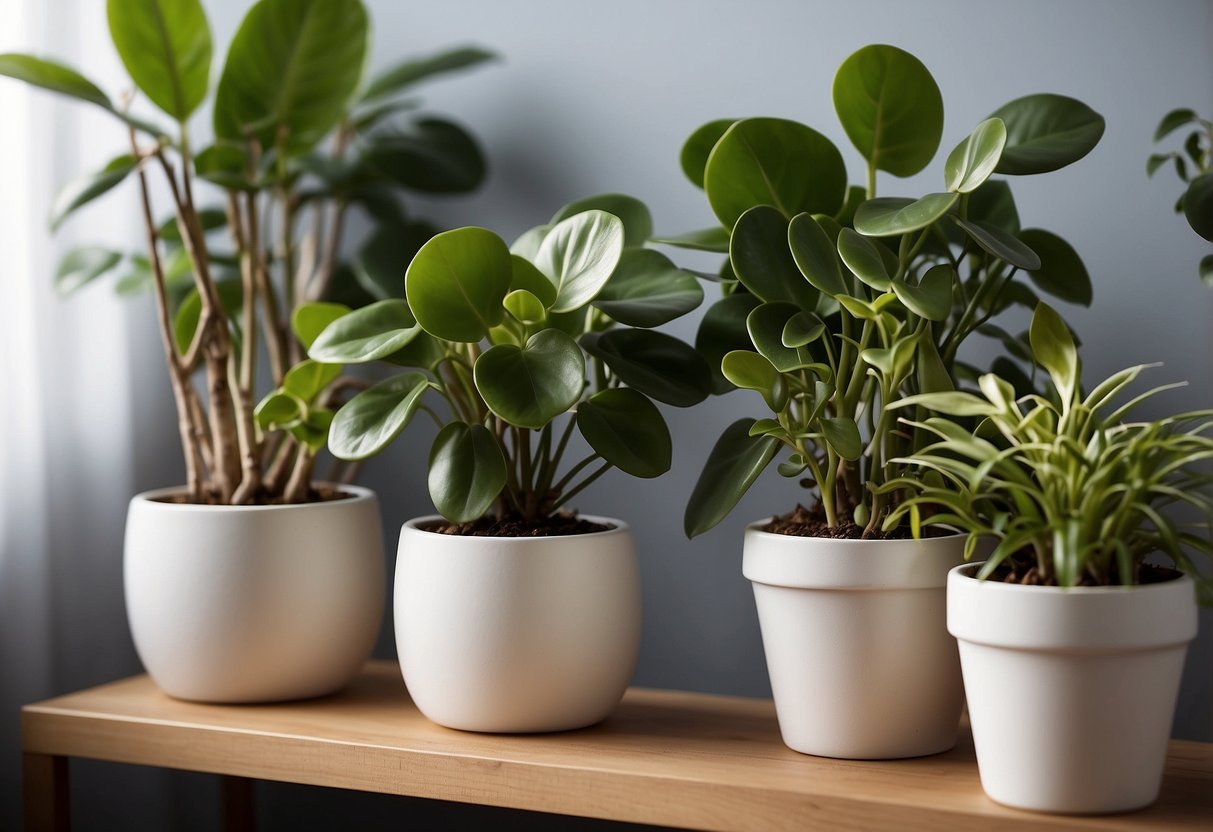 A Chinese Money Plant sits in a white ceramic pot on a wooden shelf, surrounded by other potted plants and hanging macrame plant holders