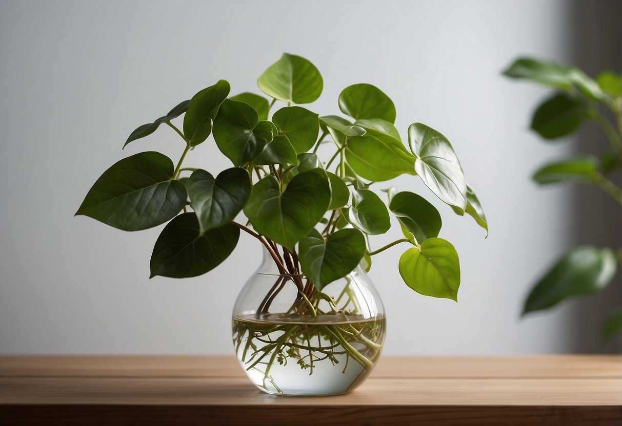 A variegated money plant sits in a clear glass vase, placed on a wooden shelf against a white wall. The leaves are lush and green with splashes of creamy white, creating a striking visual display for home decor