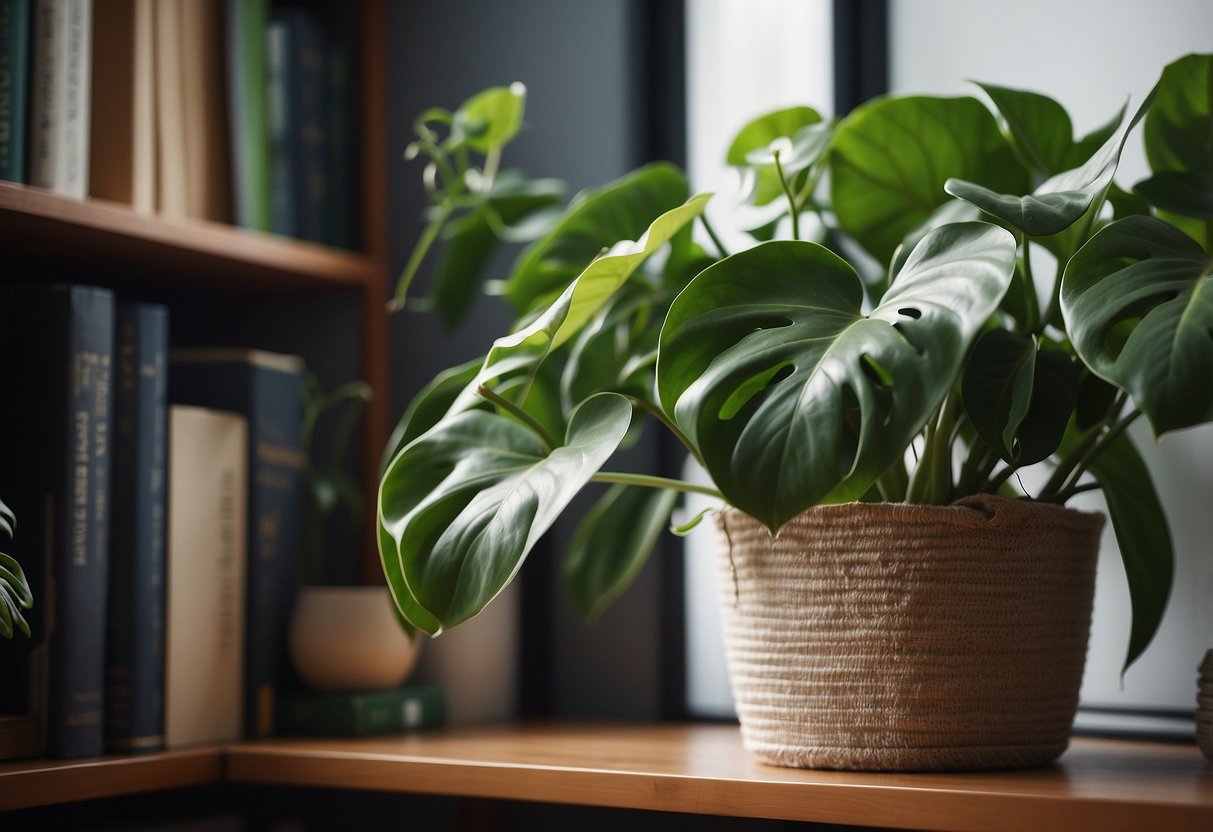 A heartleaf Philodendron sits on a bookshelf next to a money plant, creating a cozy home decor idea