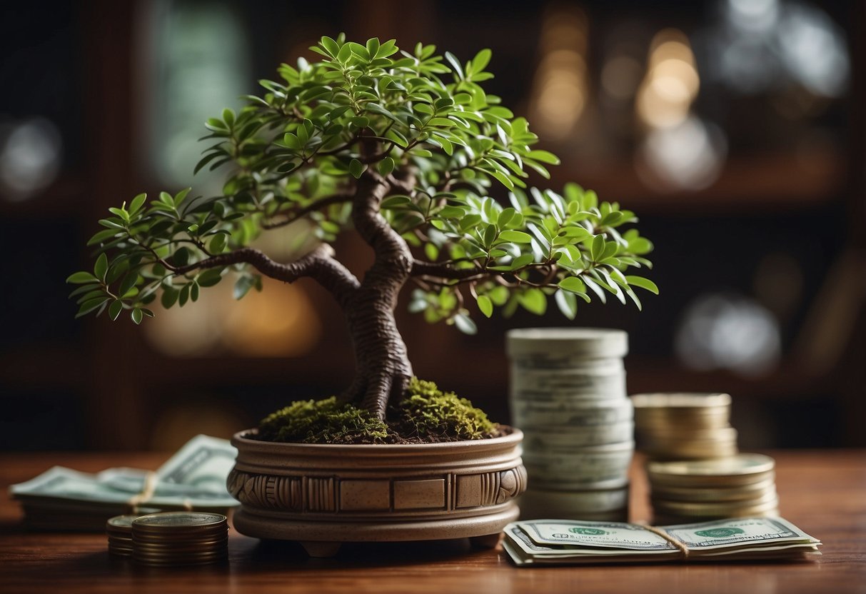 A small bonsai tree with leaves made of currency bills sits on a decorative table, surrounded by other money-themed decor items