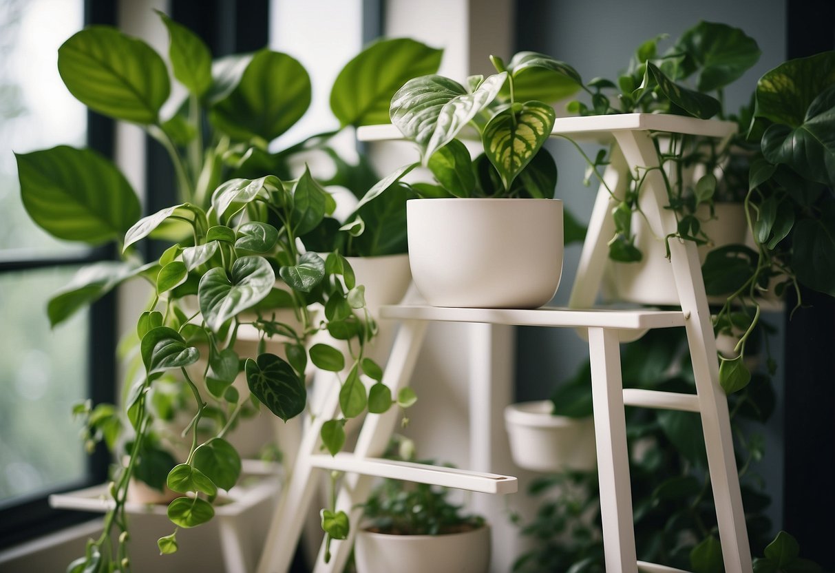 A Marble Queen Pothos cascades down a ladder shelf, surrounded by other lush green plants, creating a cozy and stylish home decor display