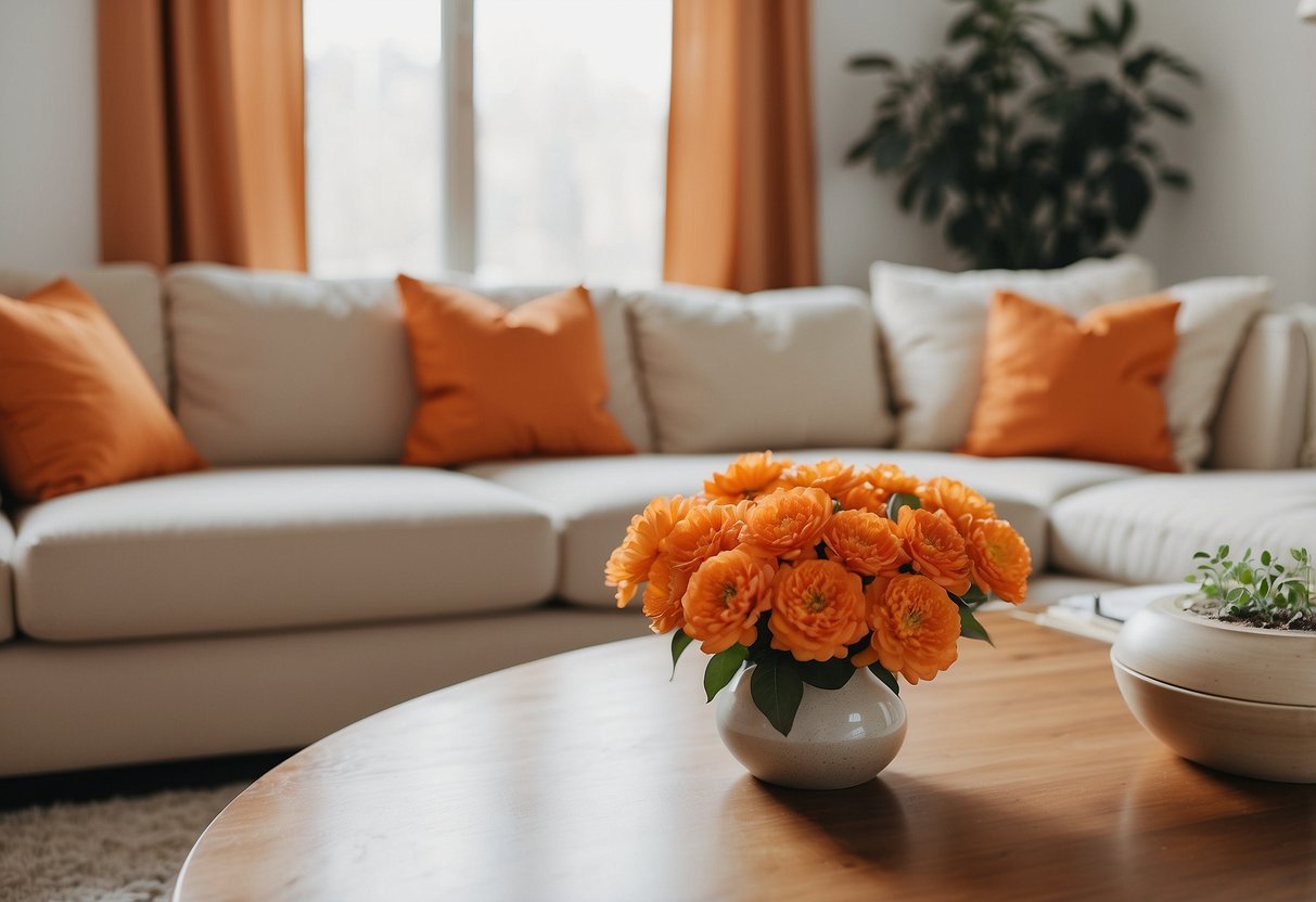 A cozy living room with orange throw pillows on a neutral-colored couch, a warm orange rug on the floor, and a vase of orange flowers on a coffee table