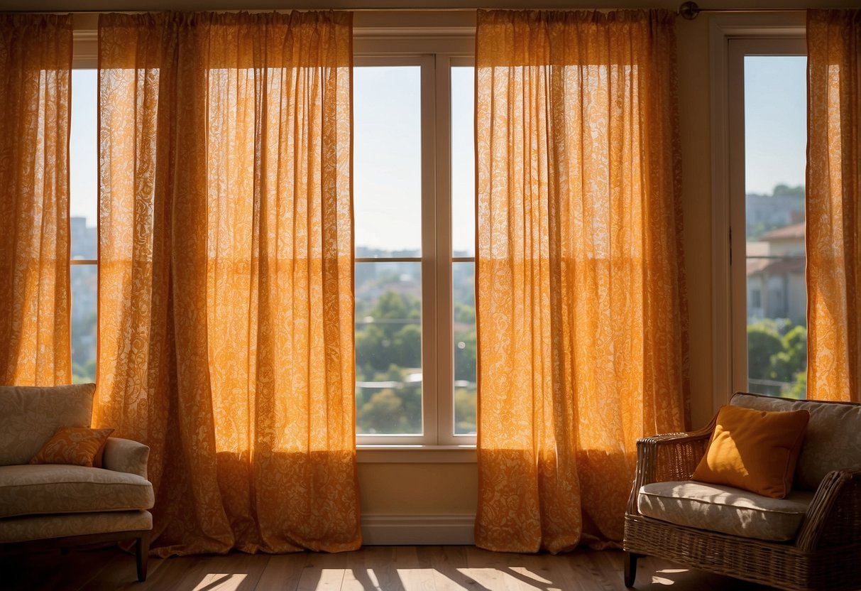 Vibrant orange citrus patterned curtains hang in a sunlit room, casting cheerful, warm hues on the surrounding decor