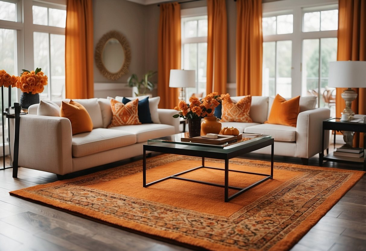 An elegant living room with a vibrant orange Mandarin area rug as the centerpiece, adding warmth and sophistication to the home decor