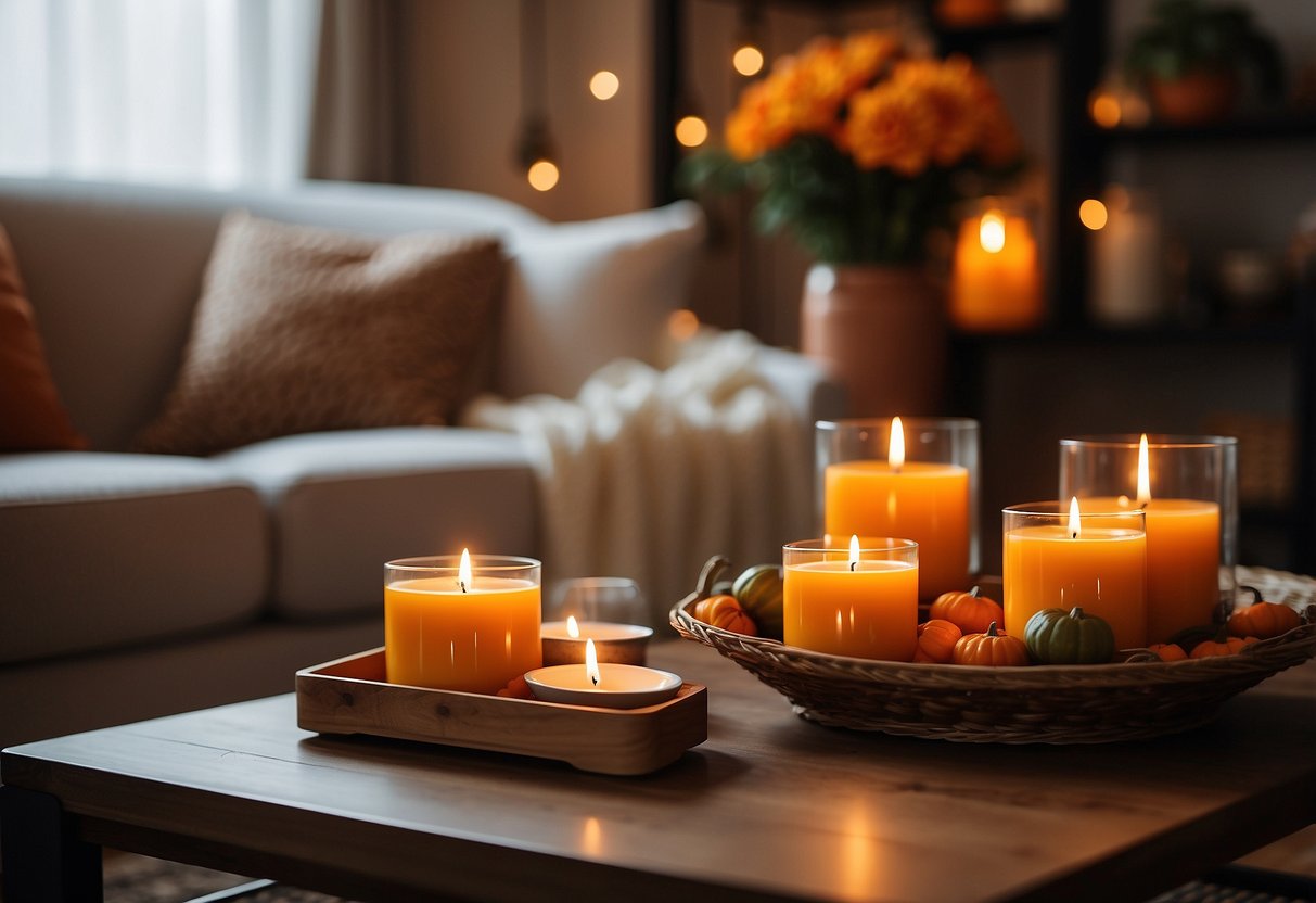 A cozy living room with pumpkin spice scented candles on a coffee table, surrounded by orange home decor accents