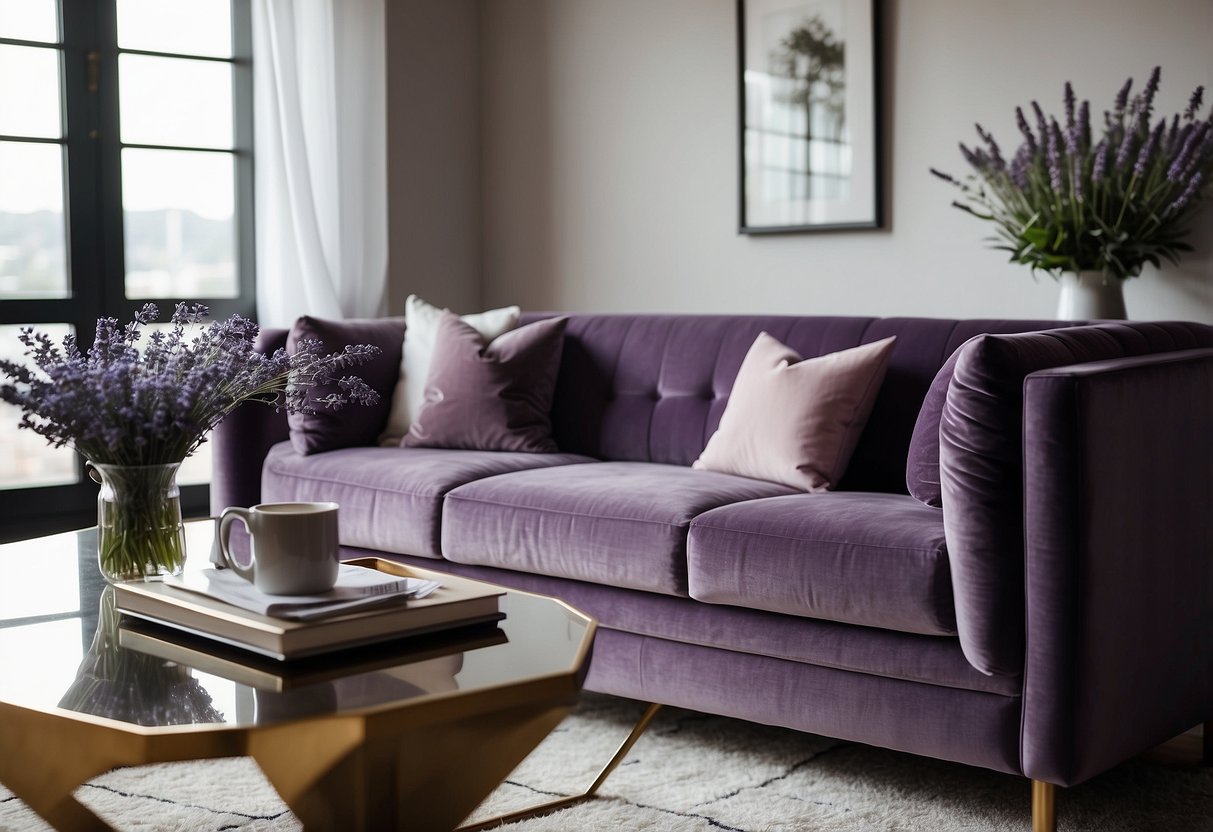 A living room with a plush purple sofa, matching throw pillows, and a sleek coffee table adorned with a vase of lavender flowers