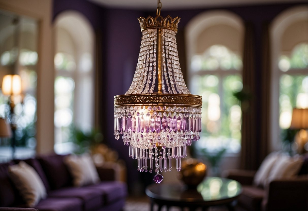 A sparkling amethyst crystal chandelier hangs above a luxurious living room, casting a warm purple glow over the elegant home decor