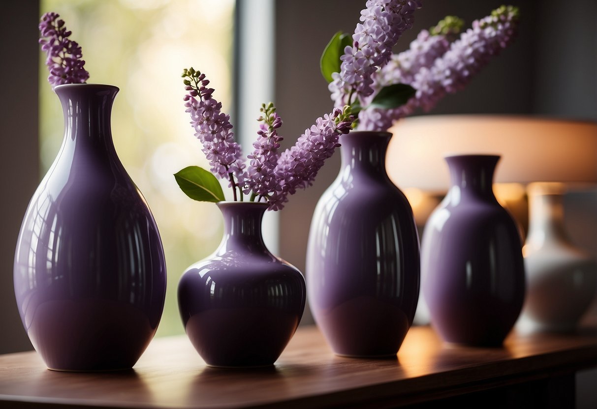 A set of lilac ceramic vases arranged on a shelf, with soft lighting highlighting the purple hues, creating a serene and elegant home decor display