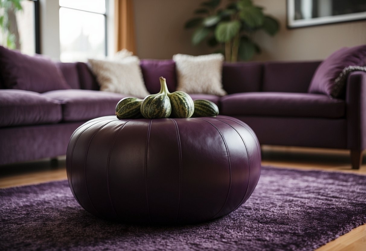 An eggplant ottoman sits in a cozy living room, surrounded by purple throw pillows and a matching rug. The room is bathed in warm, inviting light, creating a tranquil and stylish home decor setting