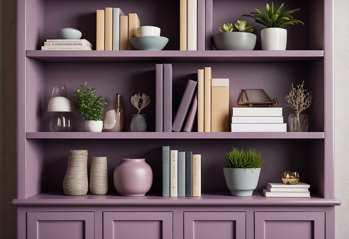 A mauve bookshelf filled with decorative items in a cozy home setting