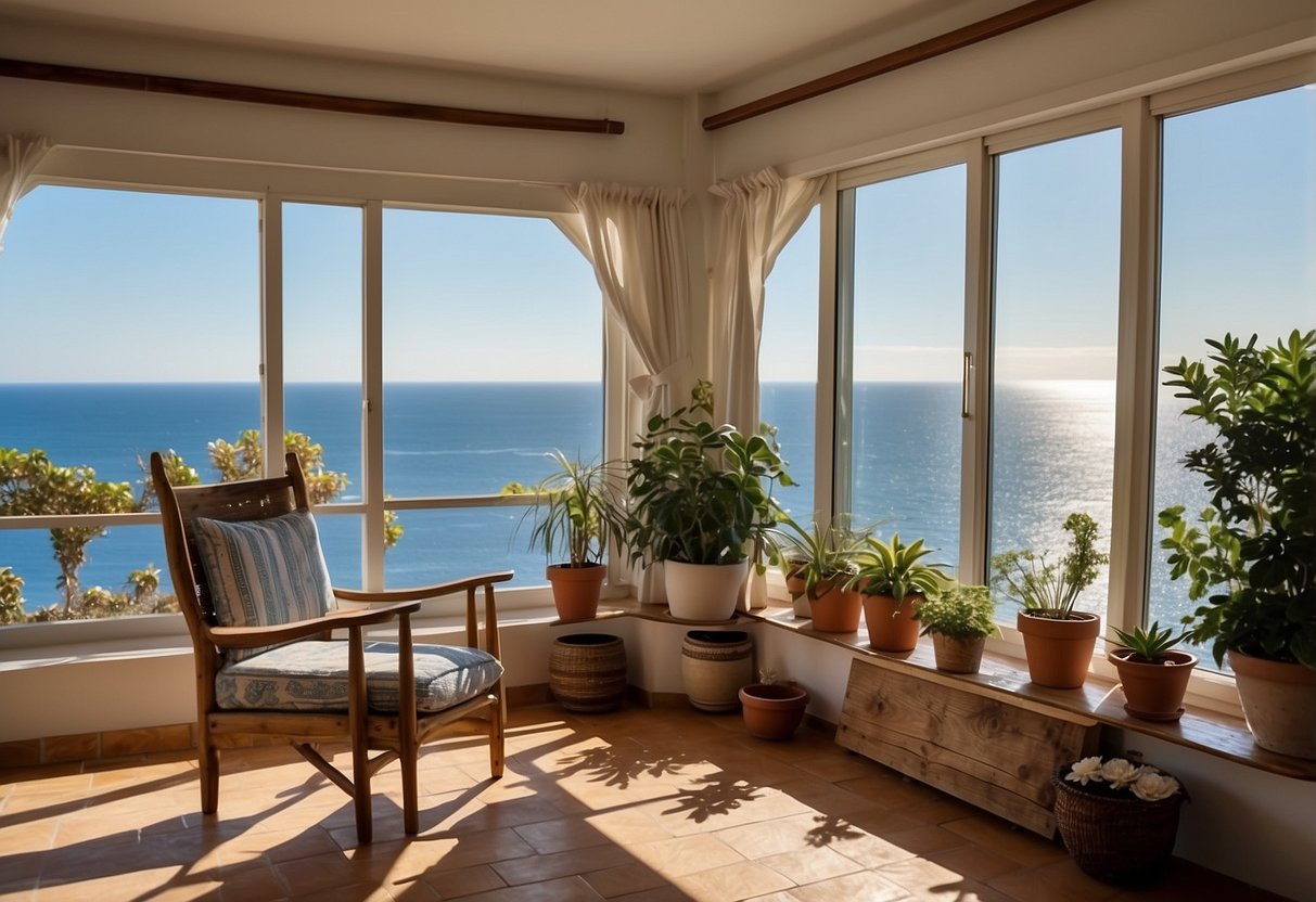 A sunlit room with rustic wooden furniture, bright blue and white textiles, and potted plants. A large window overlooks a sea view